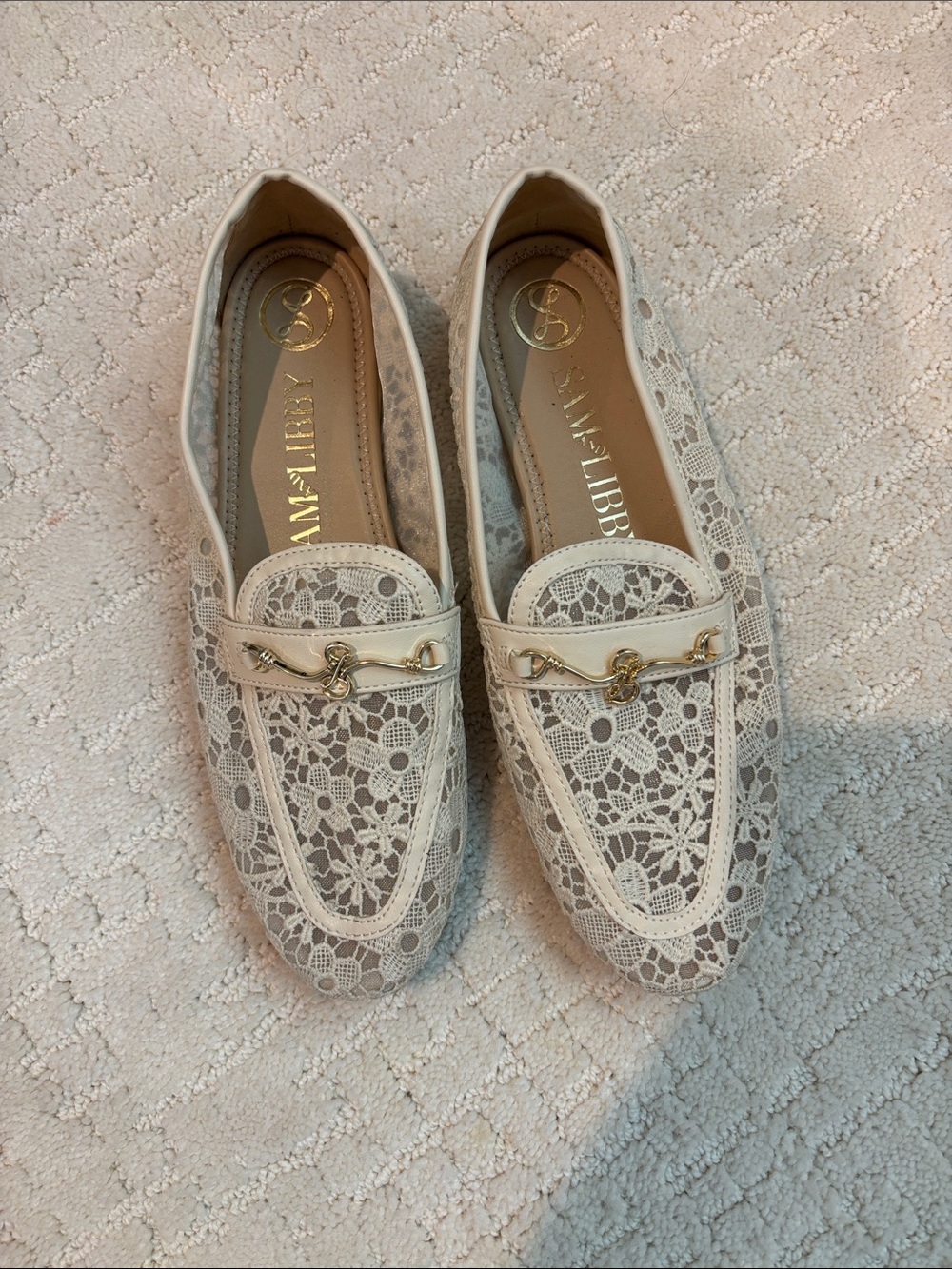 Sam & Libby Lace Cream Loafers with Gold Horsebit